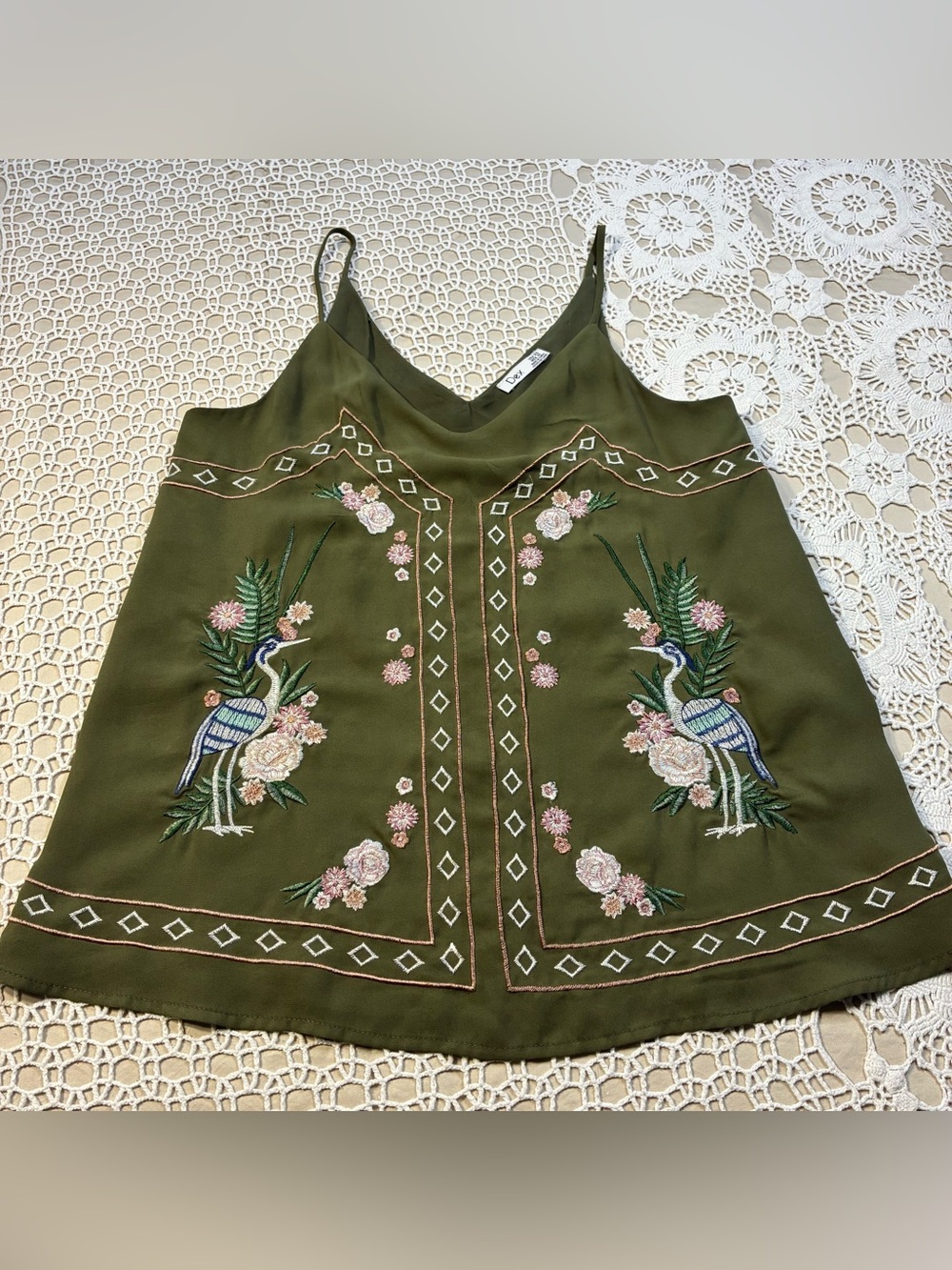 Dex Womens XS Olive Green Cami Tank Top Embroidered Bird Floral Boho / Strap